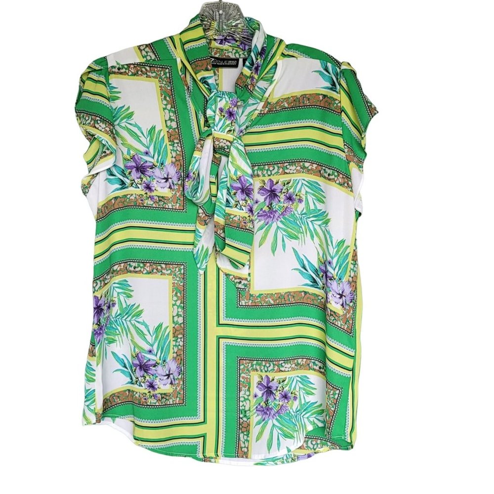 New York & Company Floral Print Blouse With Mock-Neck Tie Bow. Size M